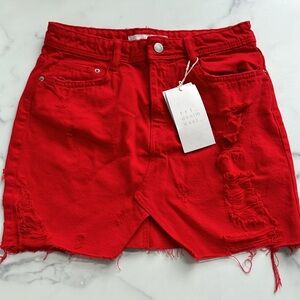 ZARA Trafaluc Red Denim Distressed Mini Skirt Size Small NWT